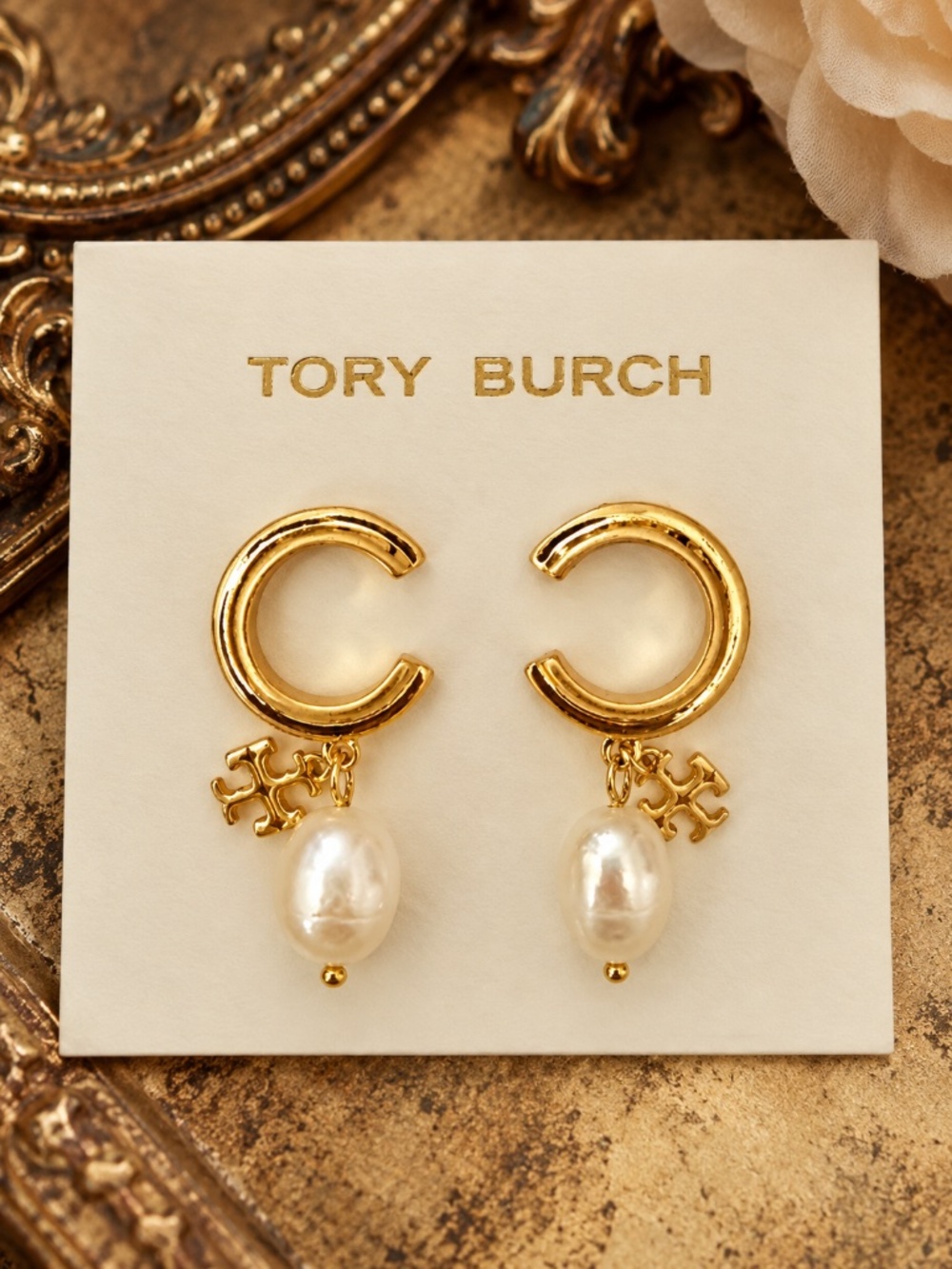 TORY BURCH • Gold Pearl Drop Logo Charm Hoop Earrings